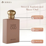 Sheer Oud Eau de Parfum with emphasis on its features like being imported from Dubai and safe for skin, captured in a modern and elegant display.
