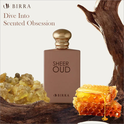 Sheer Oud Eau de Parfum bottle with a natural theme, featuring honeycomb and Agarwood elements, conveying the fragrance's rich and aromatic essence.
