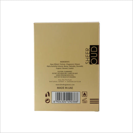 Back view of the packaging for Sheer Oud Eau de Parfum displaying the ingredients and safety instructions, highlighting its premium quality.