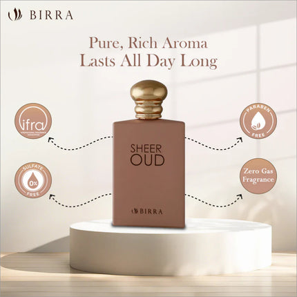 Sheer Oud Eau de Parfum displayed in a refined setting, highlighting its lasting aroma with icons indicating it is paraben-free and sulfate-free.