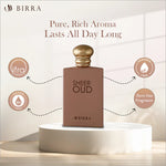 Sheer Oud Eau de Parfum displayed in a refined setting, highlighting its lasting aroma with icons indicating it is paraben-free and sulfate-free.
