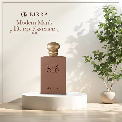 Sheer Oud Eau de Parfum bottle displayed on a pedestal, surrounded by a soft background with the text 'Modern Man's Deep Essence' emphasizing luxury and sophistication.