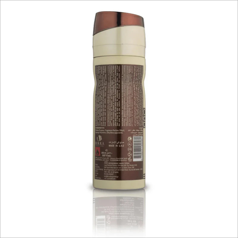 Back view of Sheer Oud 200ml Premium Deodorant by BIRRA, showcasing the product label with ingredients and information.