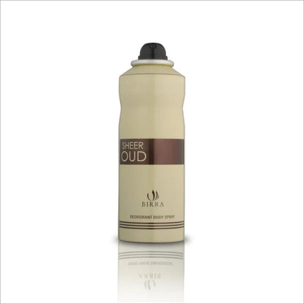 Front view of Sheer Oud deodorant body spray by BIRRA, featuring the sleek design and branding on a reflective surface.