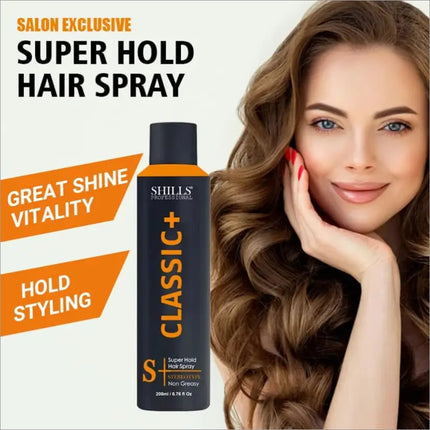 Shills Professional Classic+ Super Hold Hair Spray, the ultimate strong hold hair spray for achieving elegant hairstyles with lasting control.