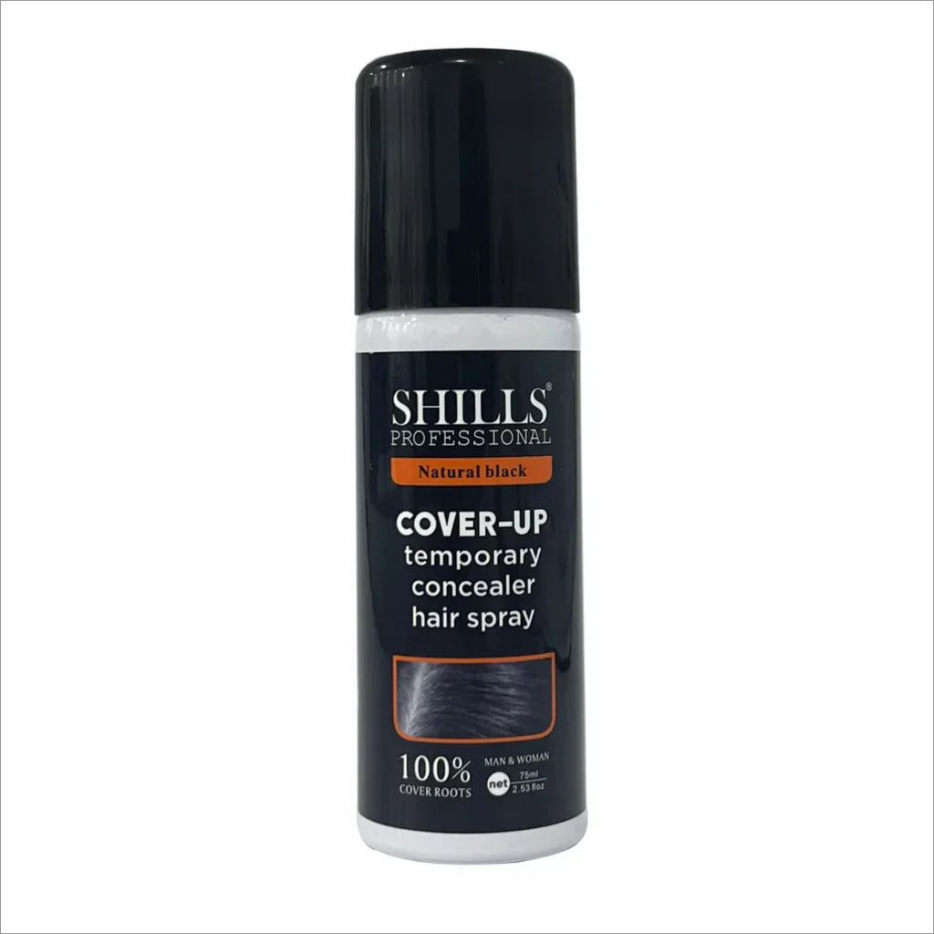 Shills Professional Cover-Up Temporary Concealer Hair Spray bottle showcasing its fast-drying, lightweight formula for covering gray roots and thinning areas.