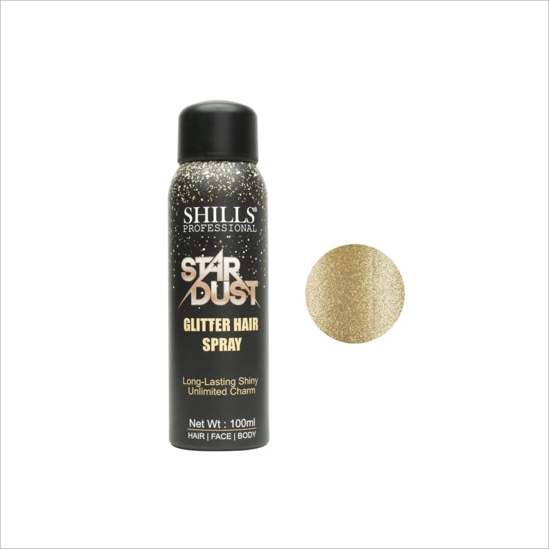 Close-up of Shills Professional Star Dust Glitter Hair Spray demonstrating easy application and glamorous finish. Perfect glitter hair spray for festivals and creative styling.