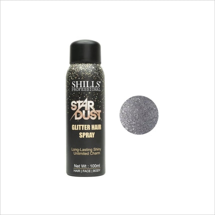 Model using Shills Professional Star Dust Glitter Hair Spray on hair and body, illustrating the sparkling effects and even distribution of this top-rated glitter hair spray.