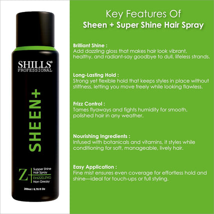 Shills Professional Sheen+ Hair Spray bottle displayed elegantly, emphasizing its role as a top hair shine spray.