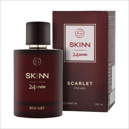 SKINN 247 Scarlet 100 ml Eau De Parfum for women, a vibrant and addictive women's eau de parfum featuring sweet raspberry, orange blossom, coffee, and golden vanilla notes.