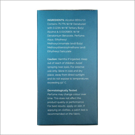 the back of a blue box with white writing on it