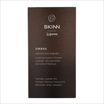 Detailed view of the SKINN 247 Ombre 100 ml Eau De Parfum fragrance notes including patchouli and vanilla.