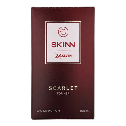Elegant packaging of SKINN 247 Scarlet 100 ml Eau De Parfum, a must-have women’s eau de parfum that reflects passion and sophistication.