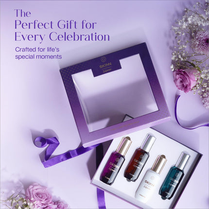 Skinn 24Seven Gift Pack includes 4 exquisite scents, ideal as a luxury perfume sampler for any fragrance lover.