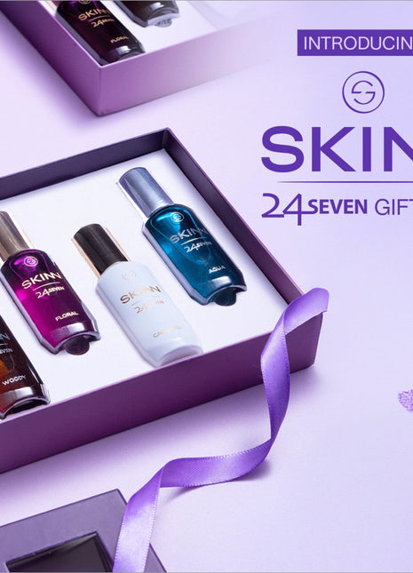 Luxurious fragrance notes of the Skinn 24Seven Gift Pack EDP, featuring a luxury perfume sampler for every mood.