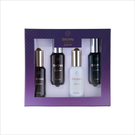Skinn 24Seven Gift Pack EDP - 20 ml x 4, a luxury perfume sampler collection for men and women.