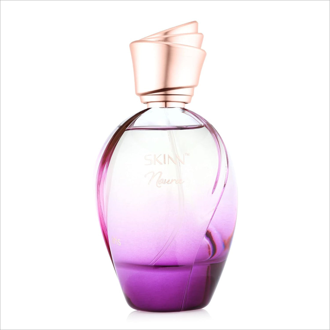 Close-up of Skinn by Titan Noura Iris Floral Scent Eau De Parfum bottle, featuring an elegant shape and colors that reflect sophistication, ideal for floral scent perfume enthusiasts. 06843666, 46477842, new, SKINN BY TITAN.