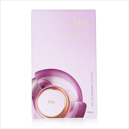 Skinn by Titan Noura Iris Floral Scent Eau De Parfum in its chic packaging, designed for women who love unique floral scent perfumes. 06843666, 46477842, new, SKINN BY TITAN.
