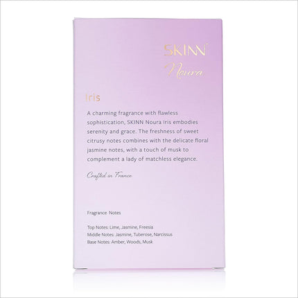 Detailed view of Skinn by Titan Noura Iris Floral Scent Eau De Parfum fragrance notes, emphasizing its floral characteristics tailored for floral scent perfume aficionados. 06843666, 46477842, new, SKINN BY TITAN.