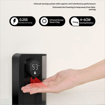 Black s12 smart automatic soap dispenser with digital display dispensing red gel onto hand wall-mounted IPX5 waterproof