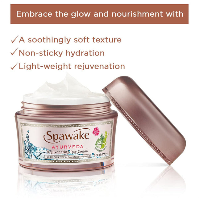 Close-up of Spawake Ayurveda Day Cream with SPF 30 showcasing its moisturizing properties and rejuvenating effects.