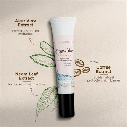 Packaging of Spawake Ayurveda Rejuvenating Concentrate Eye Serum 15g - Innovative eye serum for dark circles using Coffee Extract and Vitamin B3.
