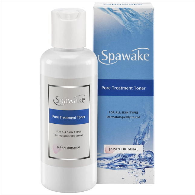 Spawake Pore Treatment Toner bottle with label showcasing benefits of reducing the appearance of pores.