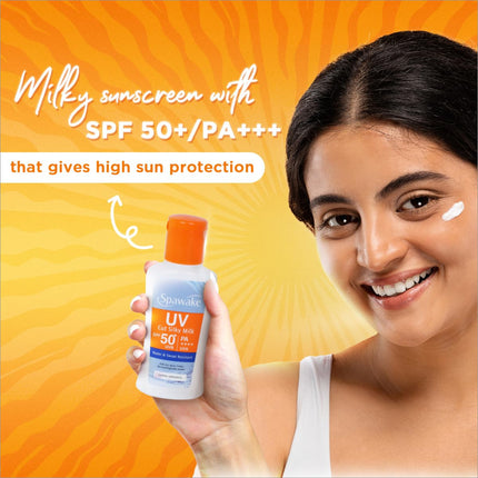 Natural beauty secrets ingredients in Spawake UV Cut Silky Milk Sunscreen SPF 50, emphasizing its skin-hydrating properties.