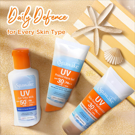 Lightweight and non-sticky Spawake UV Cut Silky Milk Sunscreen SPF 50, ideal for all-day sun protection without a white cast.