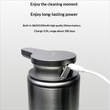 Silver metallic stainless steel automatic soap dispenser with sleek body and charging port for kitchen bathroom use