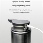 Silver metallic stainless steel automatic soap dispenser with sleek body and charging port for kitchen bathroom use