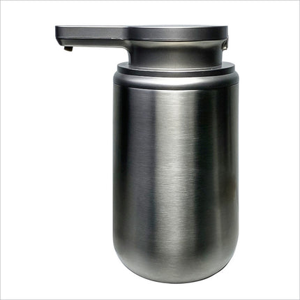A sleek stainless steel automatic soap dispenser with a matte black pump for kitchen and bathroom use