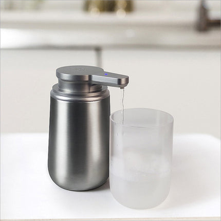 Silver stainless steel automatic soap dispenser with sleek modern design and blue led indicator for kitchen bathroom use