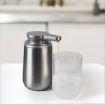Silver stainless steel automatic soap dispenser with sleek modern design and blue led indicator for kitchen bathroom use