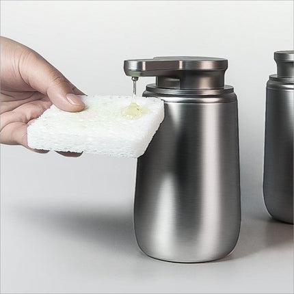 Stainless steel automatic soap dispenser with sleek modern design and brushed metallic finish for kitchen and bathroom