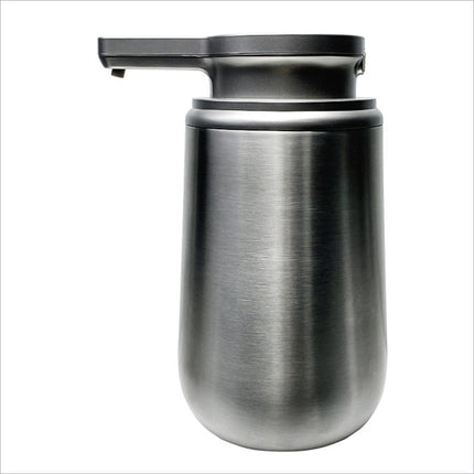 Stainless steel automatic soap dispenser with brushed finish and black pump top for kitchen and bathroom use