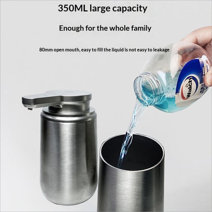 Stainless steel automatic soap dispenser 350ml with brushed metallic finish and ergonomic pump top for kitchen bathroom use