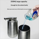 Stainless steel automatic soap dispenser 350ml with brushed metallic finish and ergonomic pump top for kitchen bathroom use
