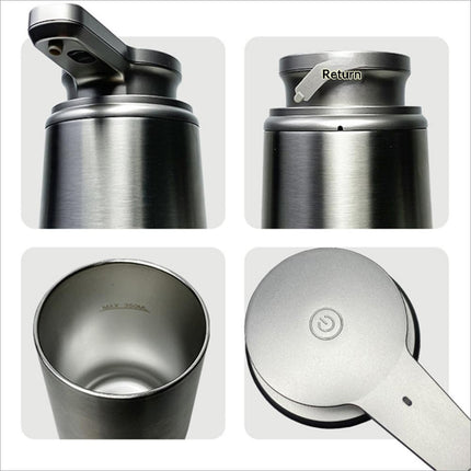 Silver stainless steel automatic soap dispenser with insulated travel mug design and flip-top lid for kitchen bathroom use