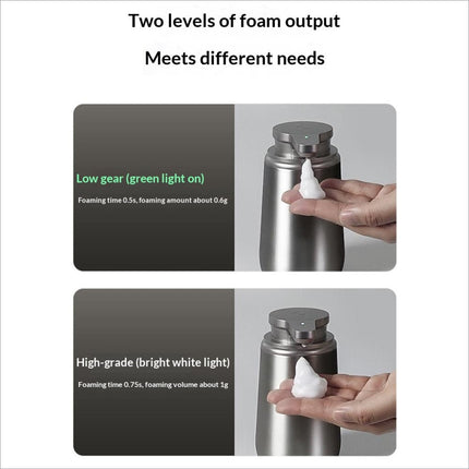 Silver stainless steel automatic soap dispenser with two adjustable output settings for controlled foam volume