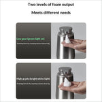 Silver stainless steel automatic soap dispenser with two adjustable output settings for controlled foam volume