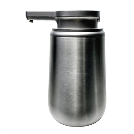 Sleek stainless steel automatic soap dispenser with matte black pump top for kitchen and bathroom use