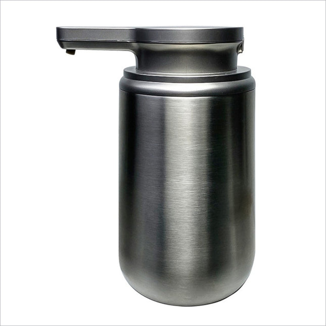 A sleek brushed stainless steel automatic soap dispenser with a touchless sensor for kitchen and bathroom use