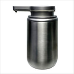 A sleek brushed stainless steel automatic soap dispenser with touchless sensor for kitchen and bathroom use