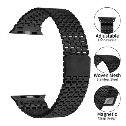 Black woven mesh stainless steel watch band with adjustable loop buckle and magnetic clasp for apple watch ultra