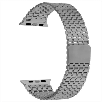 Silver stainless steel mesh watch band with magnetic clasp and interlocking links for apple watch ultra and apple watch
