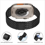 Black mesh metal watch band for apple watch ultra with sleek interlocking design and stainless steel magnetic clasp