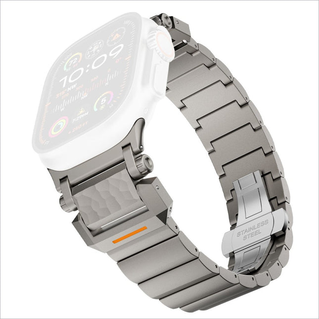 Stainless steel hammer pattern titanium alloy watch band with subtle orange clasp accent for apple watch ultra