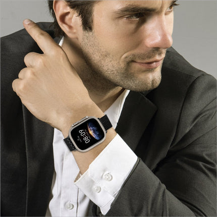 Silver-framed apple watch with black woven strap showing 6 08 in stainless steel magnetic clasp band for watch ultra