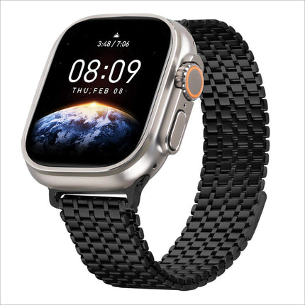 Silver-toned apple watch ultra with black mesh stainless steel band and orange-accented crown for watch ultra series